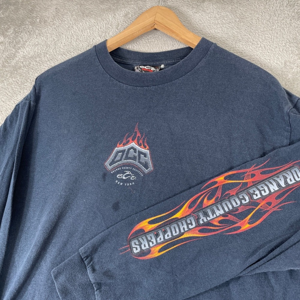 Orange County Choppers Shirt Mens Large Black Long Sleeve Flames Y2K Skater